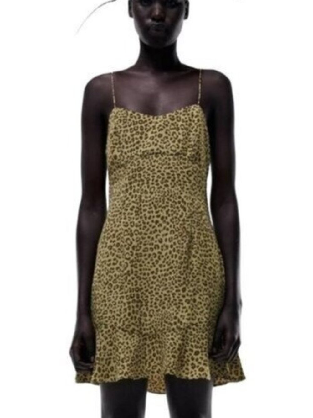 ZARA Leopard Print Olive Green Mini Slip Dress Size Small